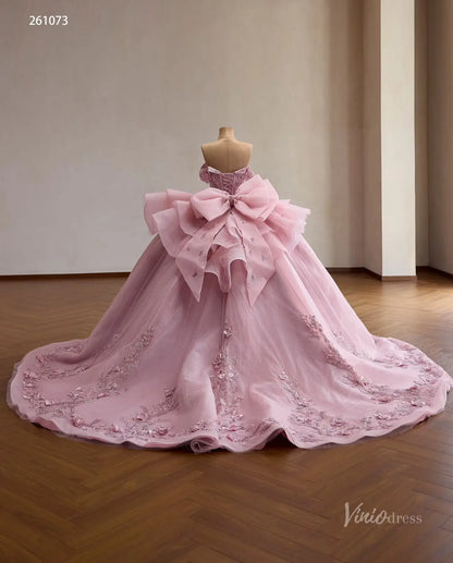 Pink Floral Appliqué Quinceañera Ball Gown with Detachable Off-Shoulder Neckline, Corset Bodice & Oversized Bow – 261073-Quinceanera Dresses 2026-Viniodress-Pink-Custom Size – Add Measurements in Cart-