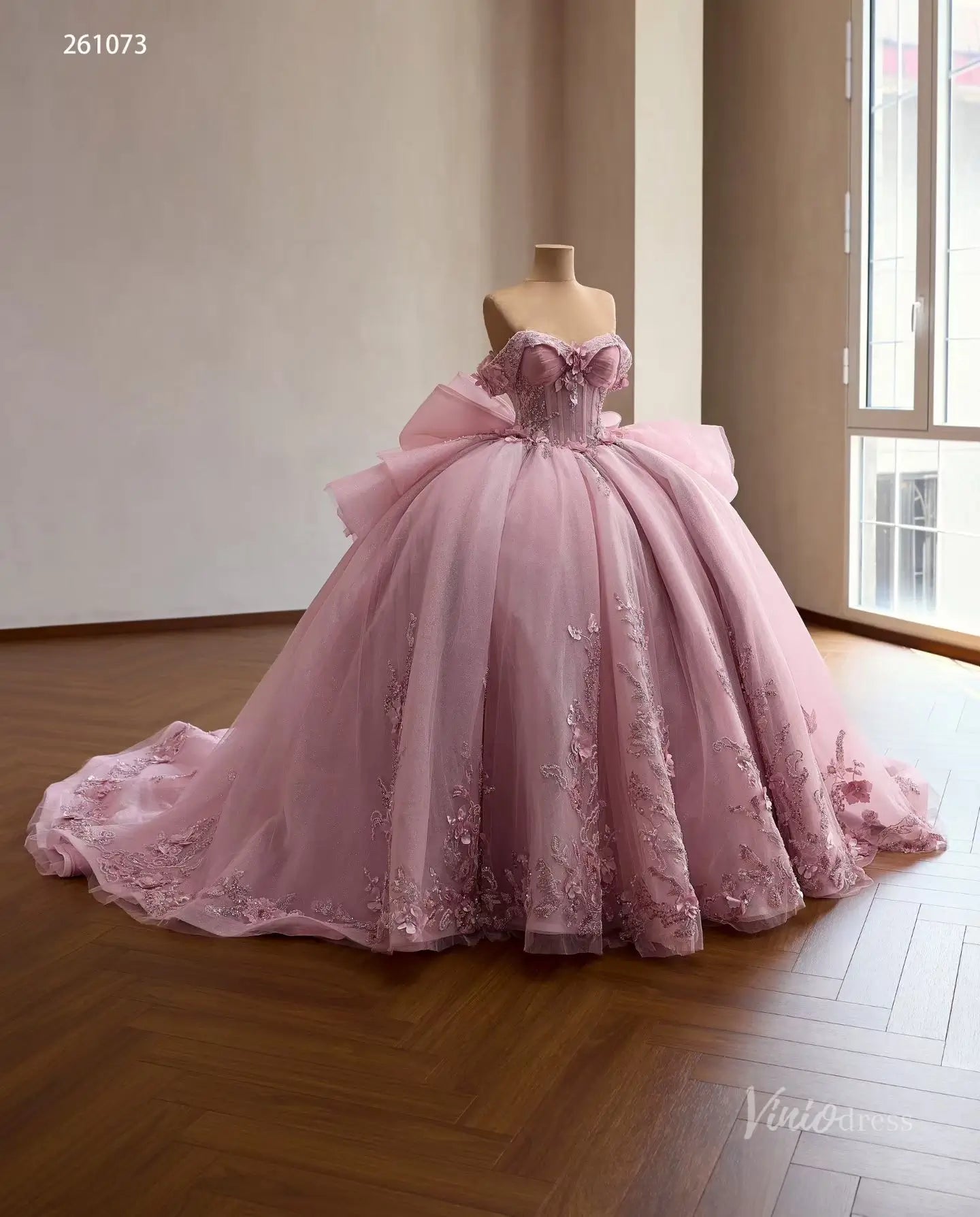 Pink Floral Appliqué Quinceañera Ball Gown with Detachable Off-Shoulder Neckline, Corset Bodice & Oversized Bow – 261073-Quinceanera Dresses 2026-Viniodress-Pink-Custom Size – Add Measurements in Cart-