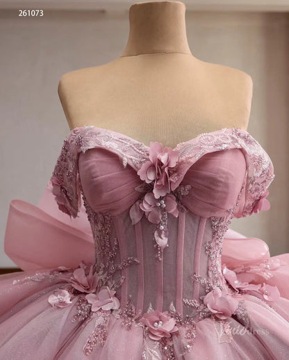 Pink Floral Appliqué Quinceañera Ball Gown with Detachable Off-Shoulder Neckline, Corset Bodice & Oversized Bow – 261073-Quinceanera Dresses 2026-Viniodress-Pink-Custom Size – Add Measurements in Cart-