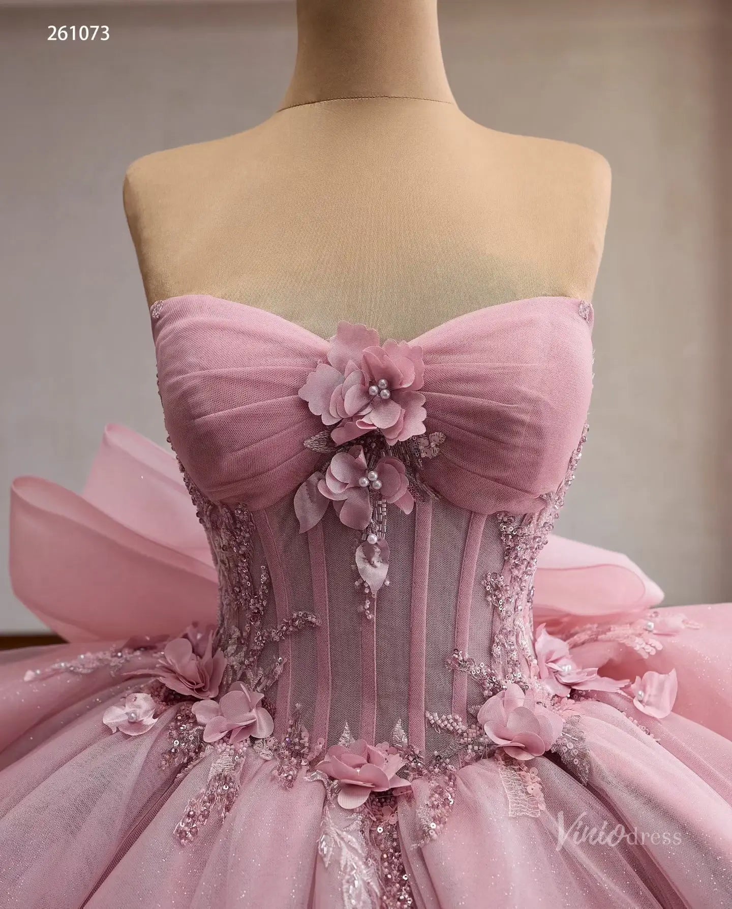 Pink Floral Appliqué Quinceañera Ball Gown with Detachable Off-Shoulder Neckline, Corset Bodice & Oversized Bow – 261073-Quinceanera Dresses 2026-Viniodress-Pink-Custom Size – Add Measurements in Cart-
