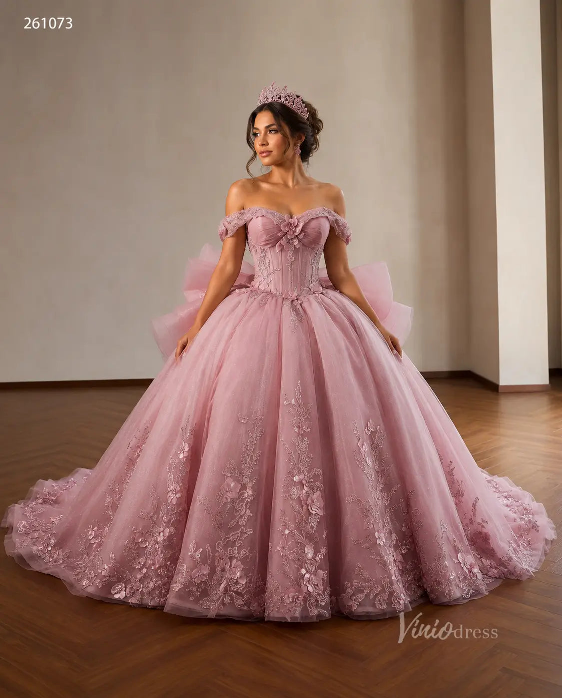Pink Floral Appliqué Quinceañera Ball Gown with Detachable Off-Shoulder Neckline, Corset Bodice & Oversized Bow – 261073-Quinceanera Dresses 2026-Viniodress-Pink-Custom Size – Add Measurements in Cart-