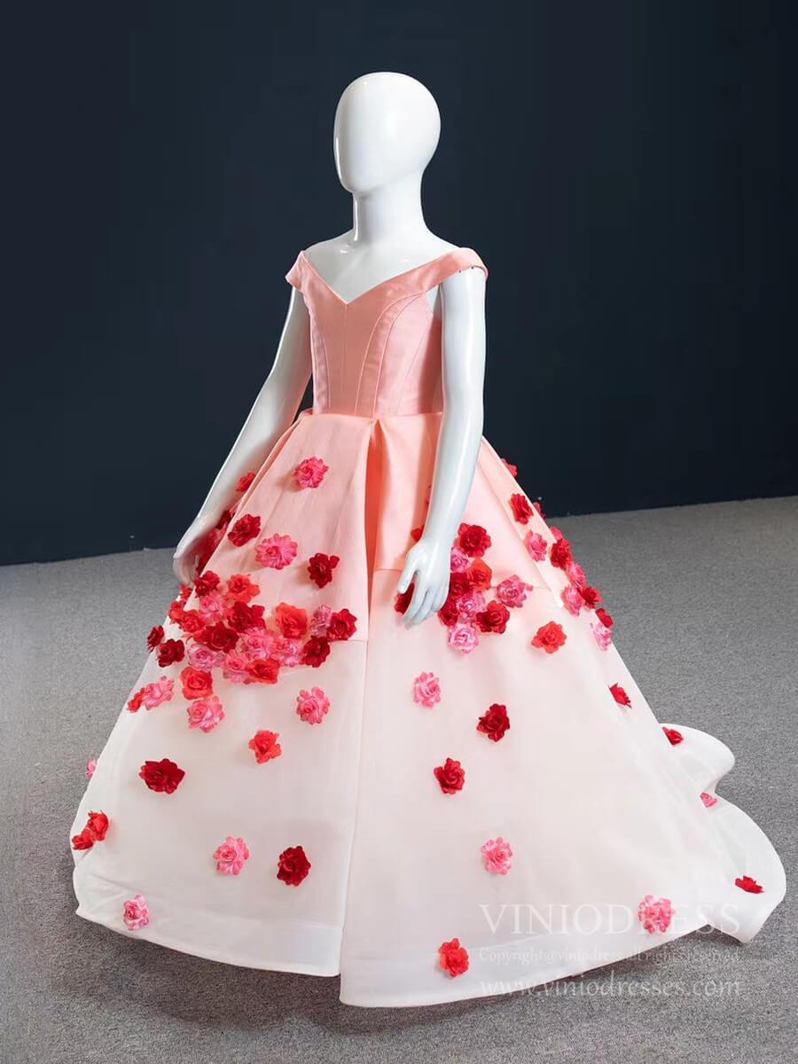 Pink Floral Ball Gown For Little Girls Pageant Dresses FD1142C-Pageant Dresses for Kids 2025 -Viniodress-As Picture-Custom Size-