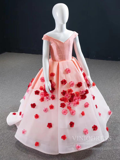 Pink Floral Ball Gown For Little Girls Pageant Dresses FD1142C-Pageant Dresses for Kids 2025 -Viniodress-As Picture-Custom Size-