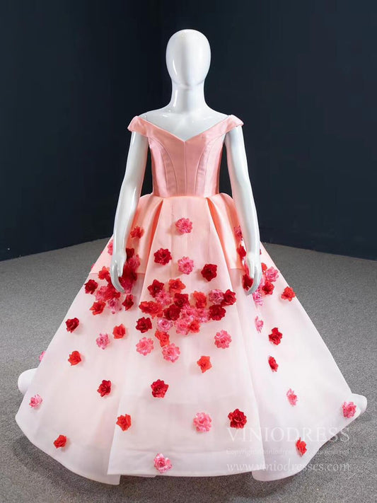 Pink Floral Ball Gown For Little Girls Pageant Dresses FD1142C-Pageant Dresses for Kids 2025 -Viniodress-As Picture-Custom Size-