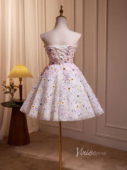 Pink Floral Blossom Homecoming Dresses Strapless Graduation Dress BJ012-prom dresses 2025 -Viniodress-Pink-Custom Size-