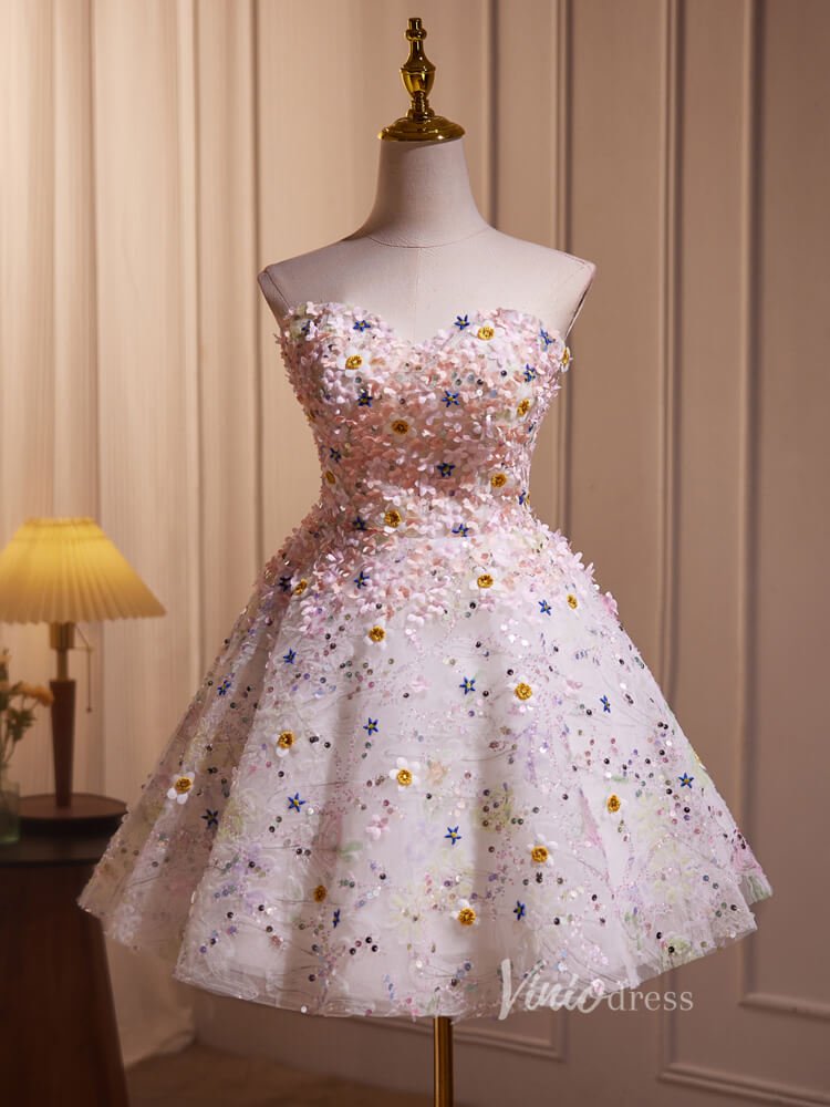 Pink Floral Blossom Homecoming Dresses Strapless Graduation Dress BJ01 Viniodress Pink Floral Blossom Homecoming Dresses Strapless Graduation Dress BJ01 Viniodress
