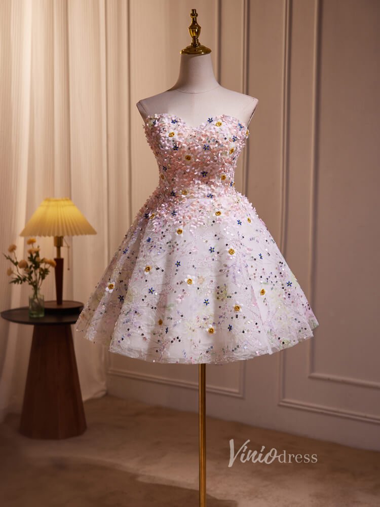 Pink Floral Blossom Homecoming Dresses Strapless Graduation Dress BJ012-prom dresses 2025 -Viniodress-Pink-Custom Size-