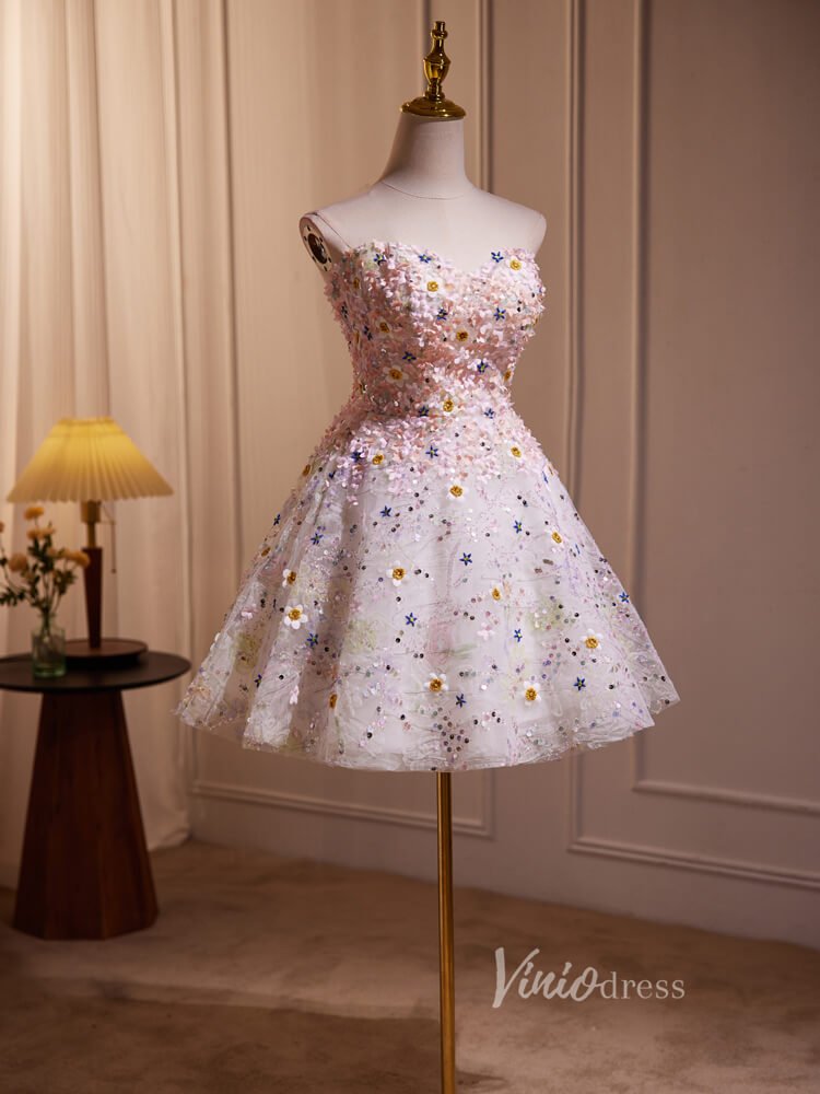 Pink Floral Blossom Homecoming Dresses Strapless Graduation Dress BJ012-prom dresses 2025 -Viniodress-Pink-Custom Size-
