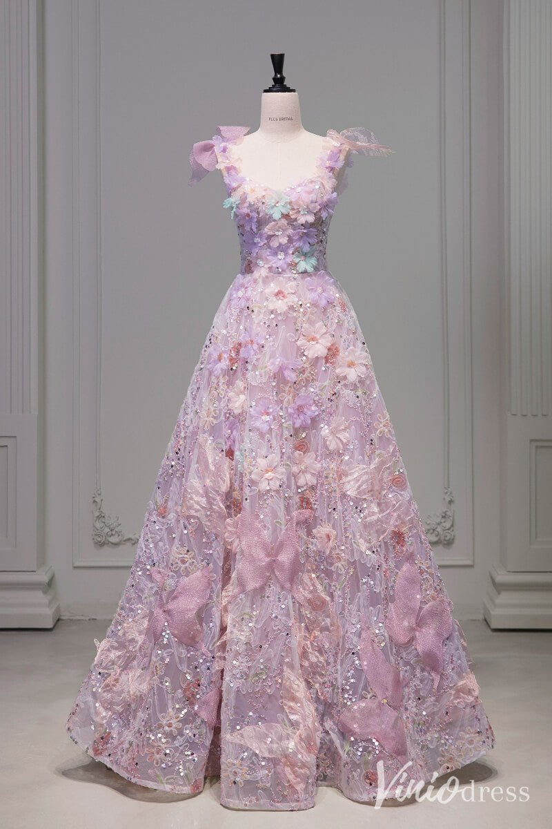 Pink Floral Blossom Prom Dresses Sparkly Butterfly Bow-Tie Princess Dress AD1328-prom dresses 2025 -Viniodress-Pink-Custom Size-