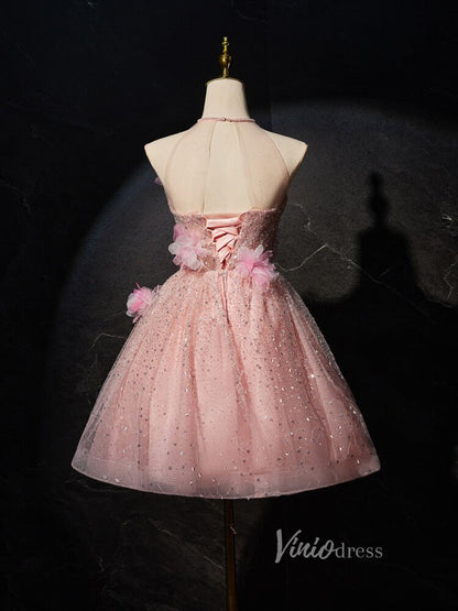 Pink Floral Blossom Sequin Homecoming Dresses Halter Neck 3D Flower BJ018-prom dresses 2025 -Viniodress-Pink-Custom Size-