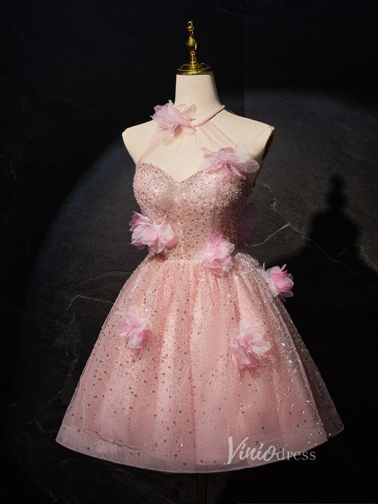Pink Floral Blossom Sequin Homecoming Dresses Halter Neck 3D Flower BJ018-prom dresses 2025 -Viniodress-Pink-Custom Size-