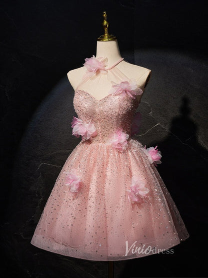 Pink Floral Blossom Sequin Homecoming Dresses Halter Neck 3D Flower BJ018-prom dresses 2025 -Viniodress-Pink-Custom Size-