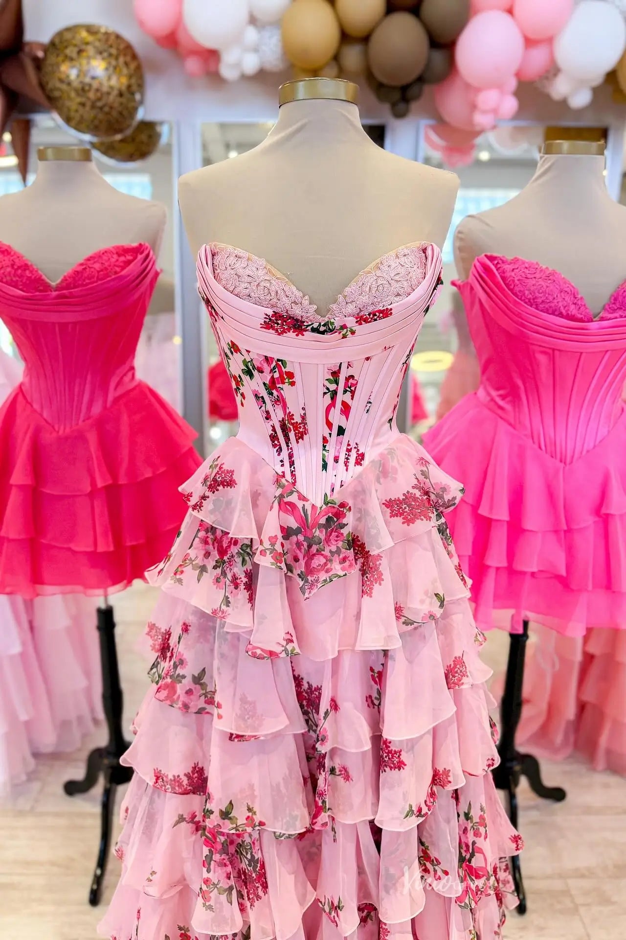 Pink Floral Chiffon Tiered Prom Dress with Slit & Sweetheart Neckline - FD3734-prom dresses 2026-Viniodress-Pink-Custom Size-