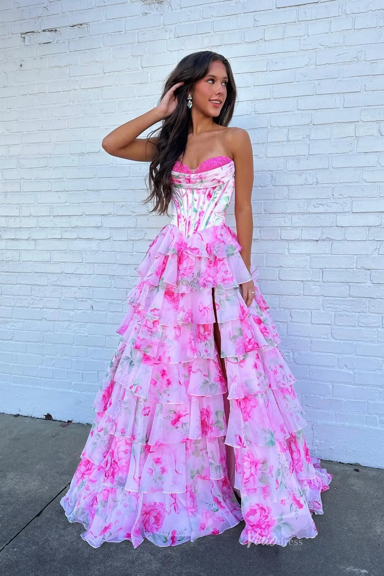 Pink Floral Corset Prom Dresses Strapless Tiered Ruffle Gowns with Sli Viniodress Pink Floral Corset Prom Dresses Strapless Tiered Ruffle Gowns with Sli Viniodress