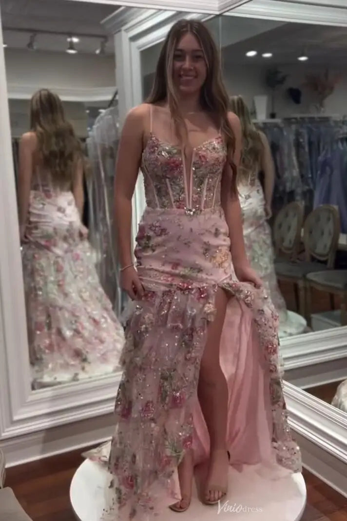 Pink Floral Embroidered Prom Dress with Plunging Neckline, Tiered Tulle Skirt, and High Slit – SS061-prom dresses 2026-Viniodress-Pink-Custom Size-