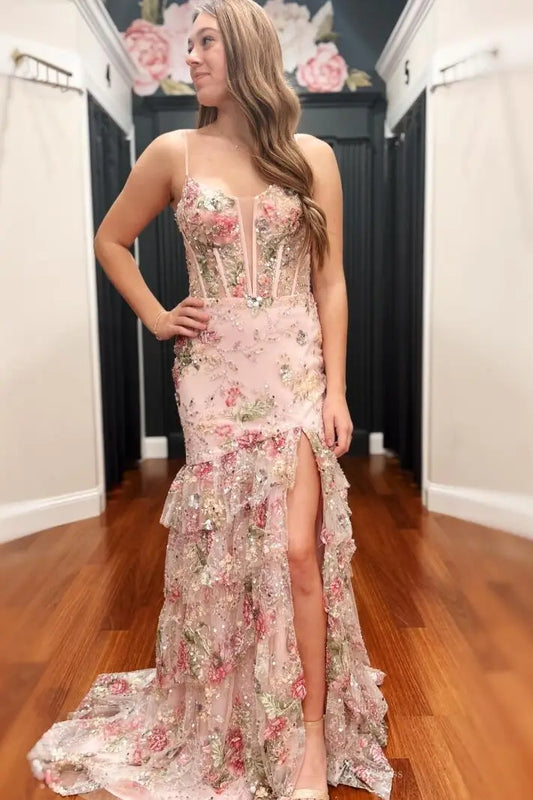 Pink Floral Embroidered Prom Dress with Plunging Neckline, Tiered Tulle Skirt, and High Slit – SS061-prom dresses 2026-Viniodress-Pink-Custom Size-