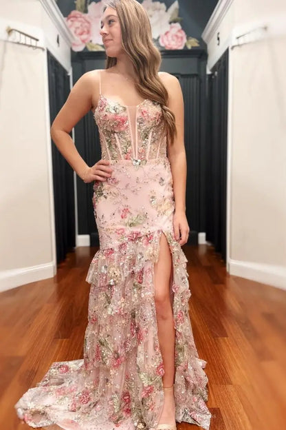 Pink Floral Embroidered Prom Dress with Plunging Neckline, Tiered Tulle Skirt, and High Slit – SS061-prom dresses 2026-Viniodress-Pink-Custom Size-