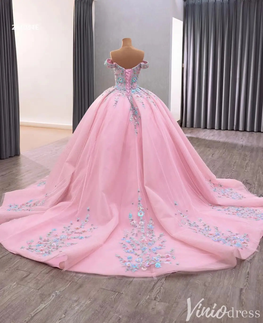 Pink Floral Embroidered Quinceañera Ball Gown with Lace-Up Back 241084E-Quinceanera Dresses 2025 -Viniodress-Pink-Custom Size-