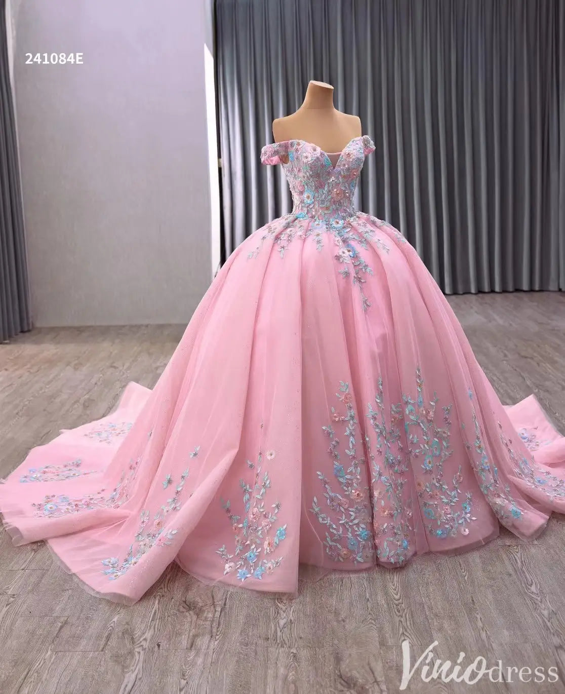 Pink Floral Embroidered Quinceañera Ball Gown with Lace-Up Back 241084E-Quinceanera Dresses 2025 -Viniodress-Pink-Custom Size-