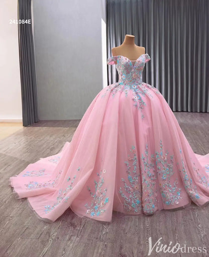 Pink Floral Embroidered Quinceañera Ball Gown with Lace-Up Back 241084E-Quinceanera Dresses 2025 -Viniodress-Pink-Custom Size-