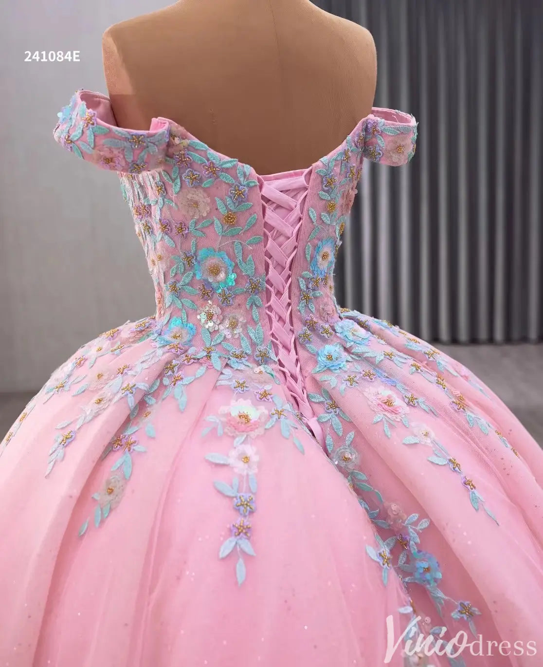 Pink Floral Embroidered Quinceañera Ball Gown with Lace-Up Back 241084E-Quinceanera Dresses 2025 -Viniodress-Pink-Custom Size-