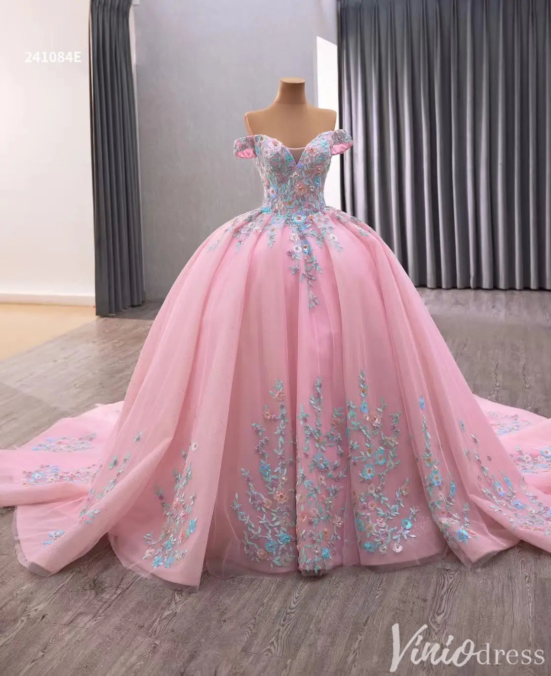 Pink Floral Embroidered Quinceañera Ball Gown with Lace-Up Back 241084E-Quinceanera Dresses 2025 -Viniodress-Pink-Custom Size-