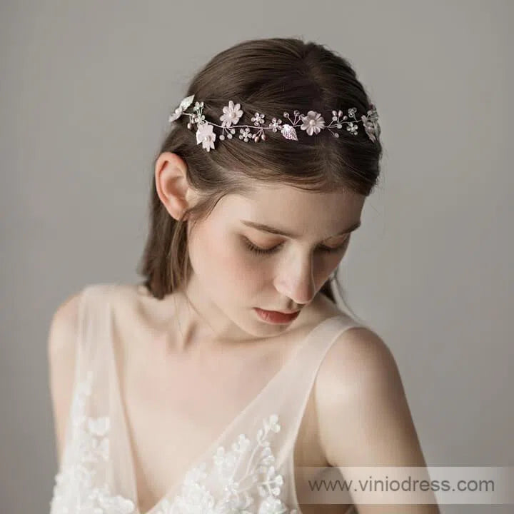 Pink Floral Headband with Pearls and Crystals ACC1123-Headpieces 2025 -Viniodress-Pink-