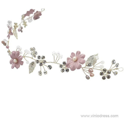 Pink Floral Headband with Pearls and Crystals ACC1123-Headpieces 2025 -Viniodress-Pink-