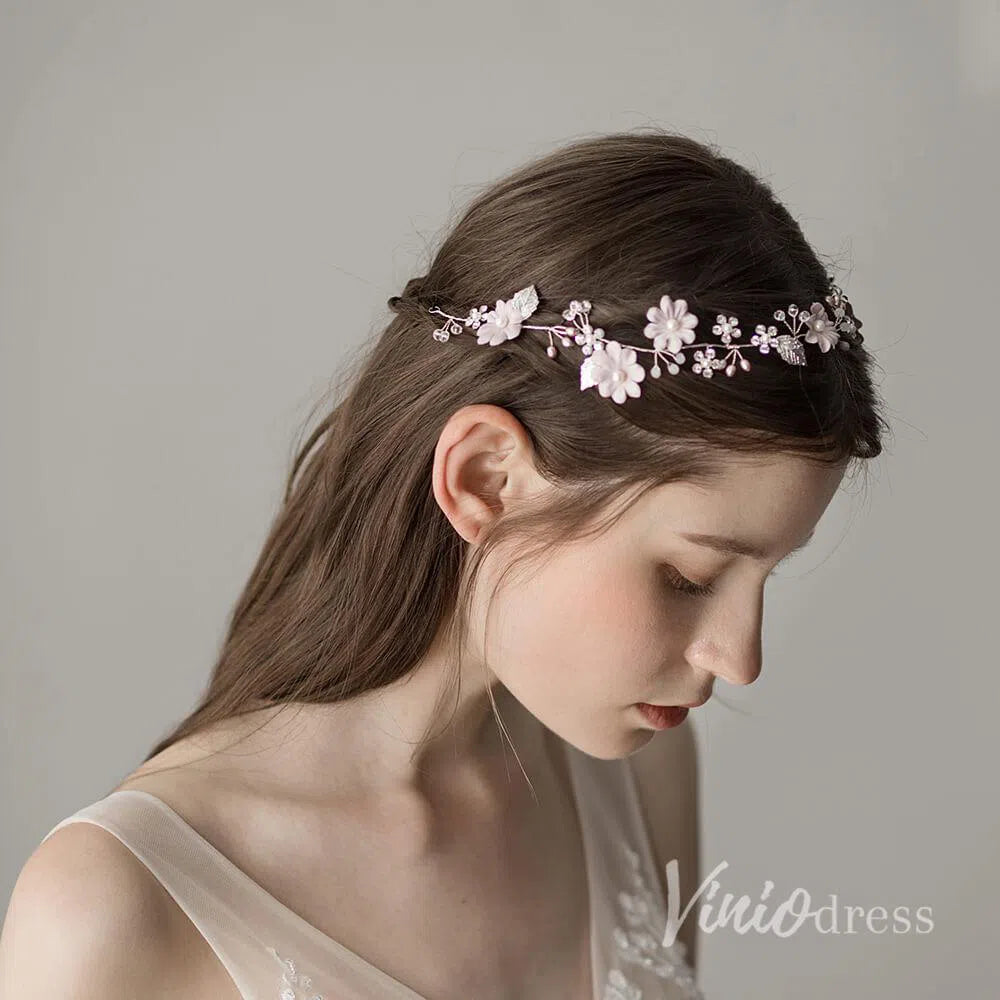 Pink Floral Headband with Pearls and Crystals ACC1123-Headpieces 2025 -Viniodress-Pink-