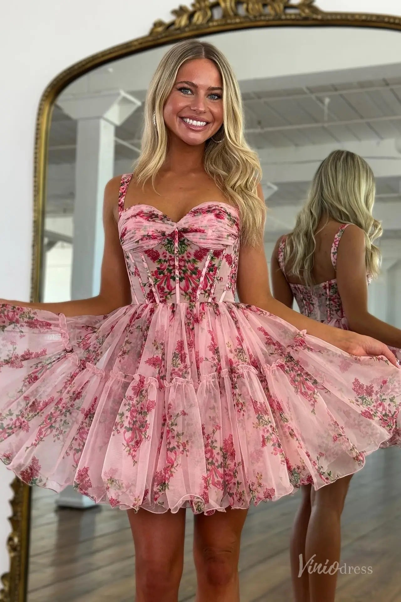 Pink Floral Homecoming Dress with Spaghetti Straps, Sheer Corset Bodice, Layered Tulle Skirt – H1191-prom dresses 2025 -Viniodress-Pink-Custom Size-
