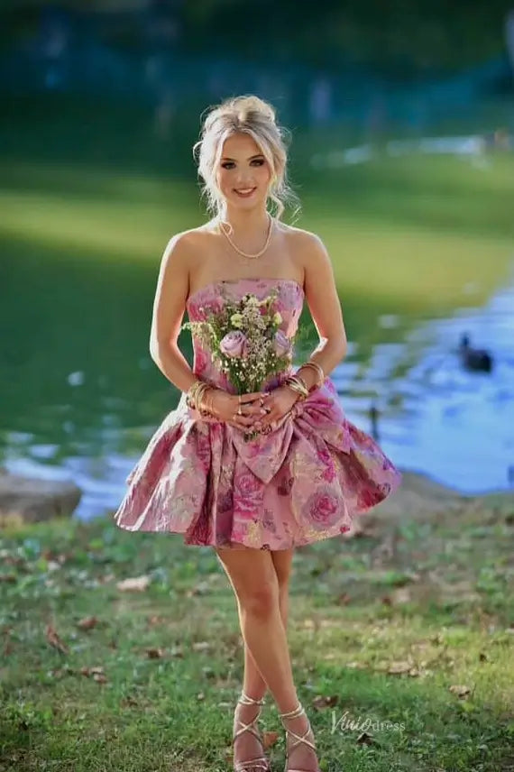 Pink Floral Jacquard Mini Prom Dress with Statement Bow