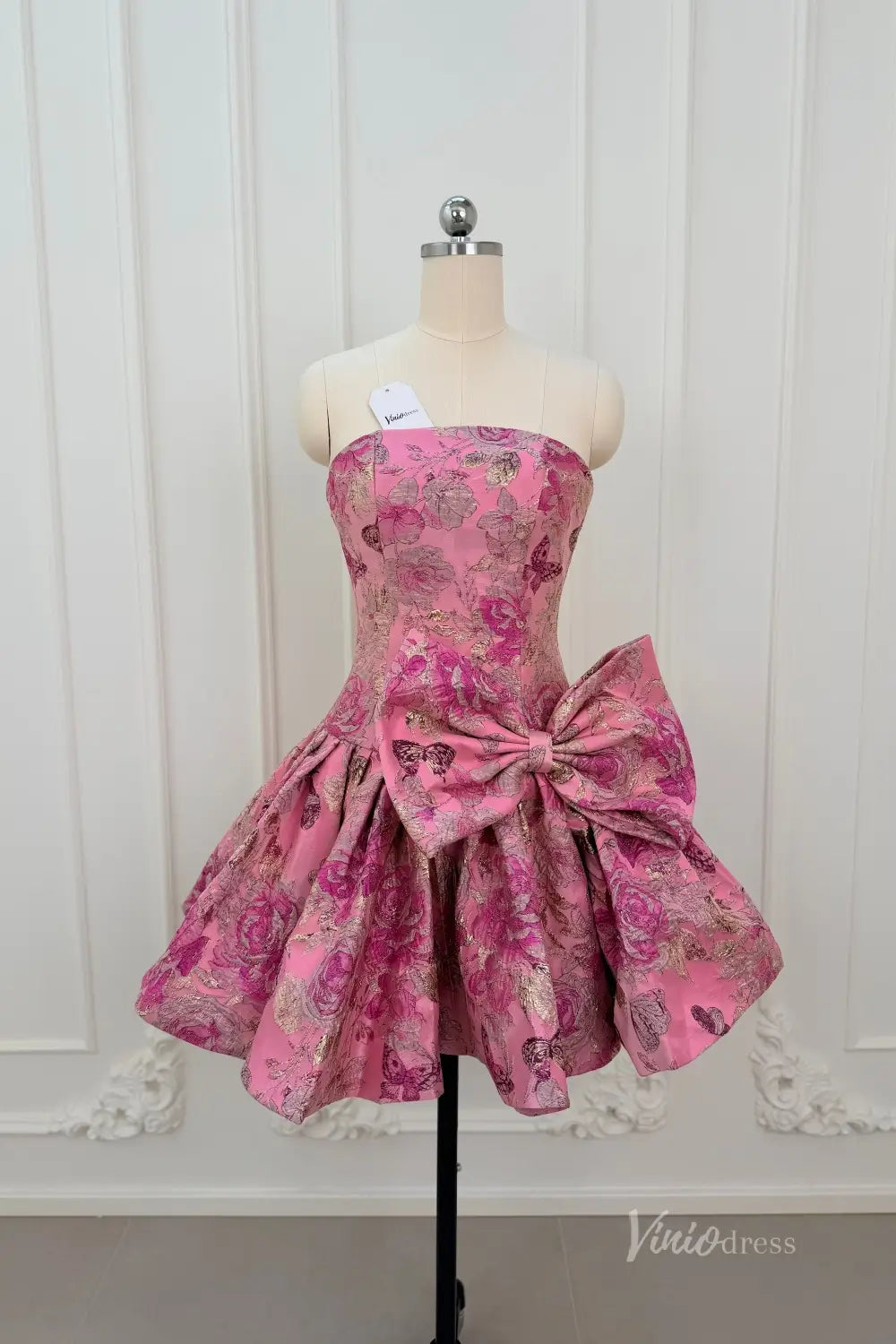Pink Floral Jacquard Mini Prom Dress with Statement Bow & Bubble Hem Skirt – JC018-Homecoming Dresses 2026-Viniodress-Pink-Custom Size – Add Measurements in Cart-