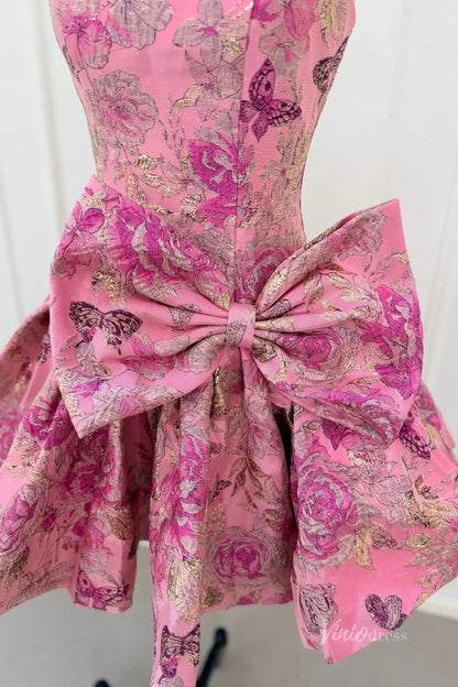 Pink Floral Jacquard Mini Prom Dress with Statement Bow & Bubble Hem Skirt – JC018-Homecoming Dresses 2026-Viniodress-Pink-Custom Size – Add Measurements in Cart-