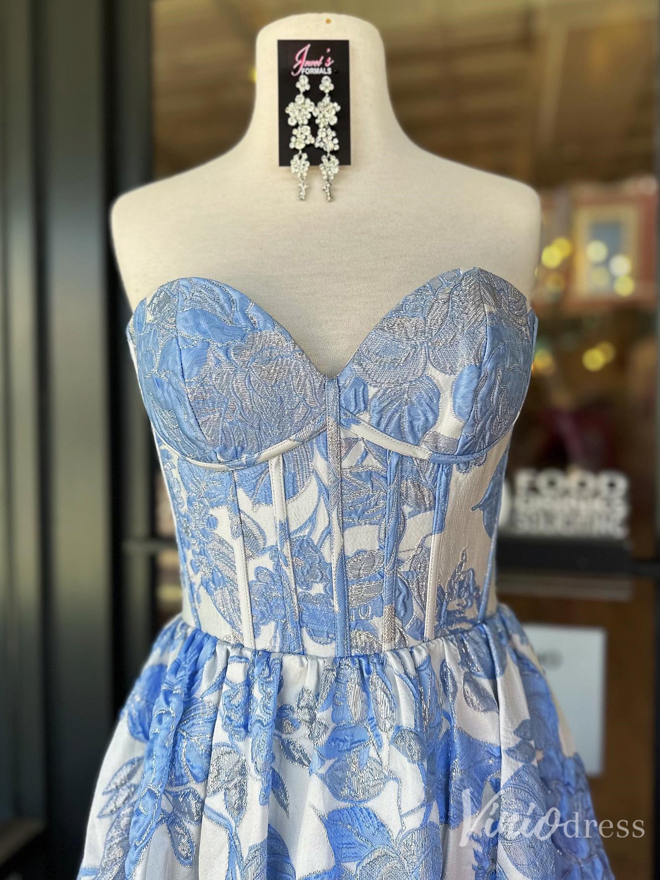 Pink Floral Jacquard Prom Dress with Corset Bodice & Sweetheart Neckline – FD6117-prom dresses 2025 -Viniodress-Blue-Custom Size-