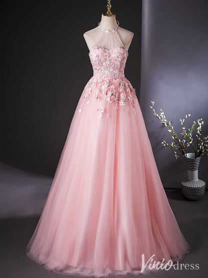 Pink Floral Lace Applique Quinceanera Dresses Halter Neck Ball Gown AD1385-prom dresses 2025 -Viniodress-Pink-Custom Size-