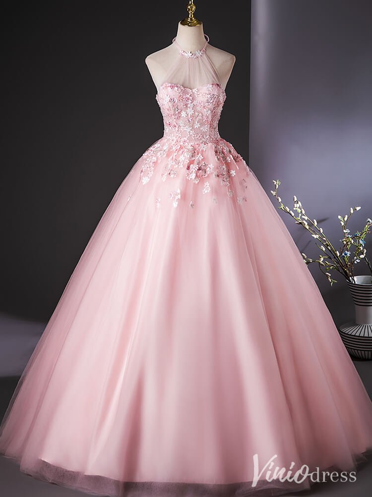 Pink Floral Lace Applique Quinceanera Dresses Halter Neck Ball Gown AD1385-prom dresses 2025 -Viniodress-Pink-Custom Size-