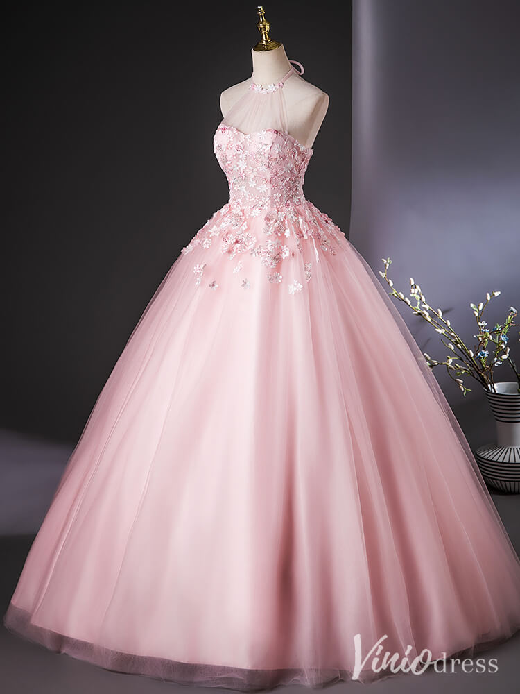 Pink Floral Lace Applique Quinceanera Dresses Halter Neck Ball Gown AD1385-prom dresses-Viniodress-Viniodress