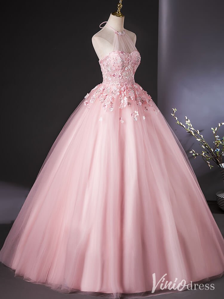 Pink Floral Lace Applique Quinceanera Dresses Halter Neck Ball Gown AD1385 - Viniodressprom dressesPinkCustom Size - Formal Dresses - Ball Gowns