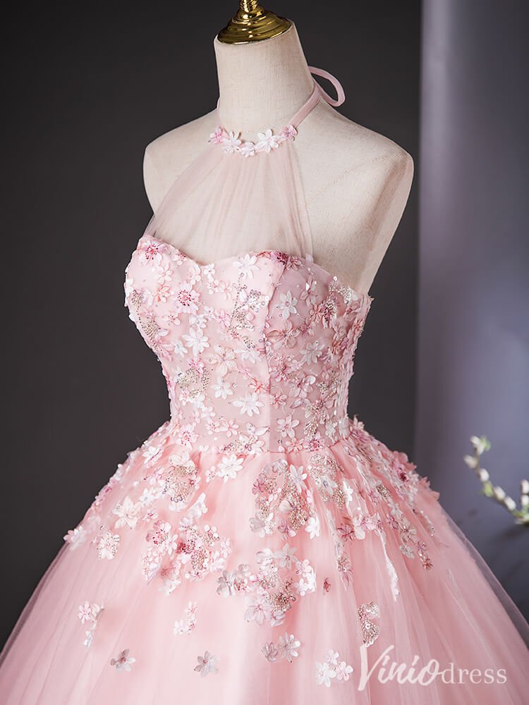 Pink Floral Lace Applique Quinceanera Dresses Halter Neck Ball Gown AD1385 - Viniodressprom dressesPinkCustom Size - Formal Dresses - Ball Gowns