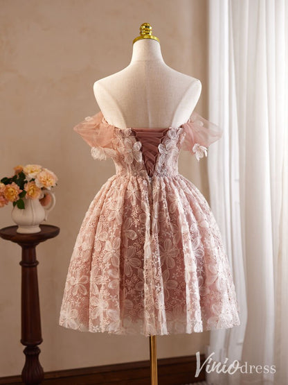 Pink Floral Lace Homecoming Dresses Off the Shoulder Graduation Dress BJ050-prom dresses 2025 -Viniodress-Pink-Custom Size-
