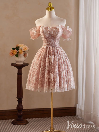 Pink Floral Lace Homecoming Dresses Off the Shoulder Graduation Dress BJ050-prom dresses 2025 -Viniodress-Pink-Custom Size-