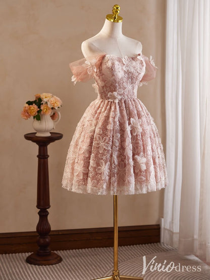 Pink Floral Lace Homecoming Dresses Off the Shoulder Graduation Dress BJ050-prom dresses 2025 -Viniodress-Pink-Custom Size-