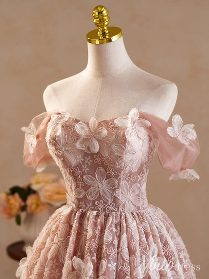 Pink Floral Lace Homecoming Dresses Off the Shoulder Graduation Dress BJ050-prom dresses 2025 -Viniodress-Pink-Custom Size-