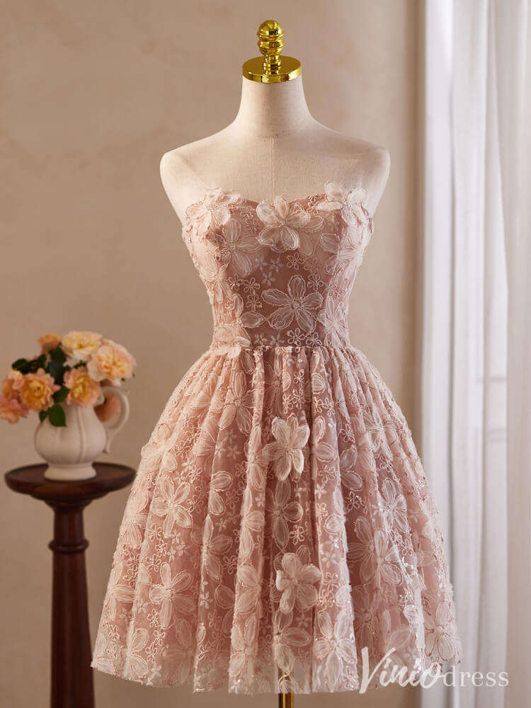 Pink Floral Lace Homecoming Dresses Off the Shoulder Graduation Dress BJ050-prom dresses-Viniodress-Viniodress