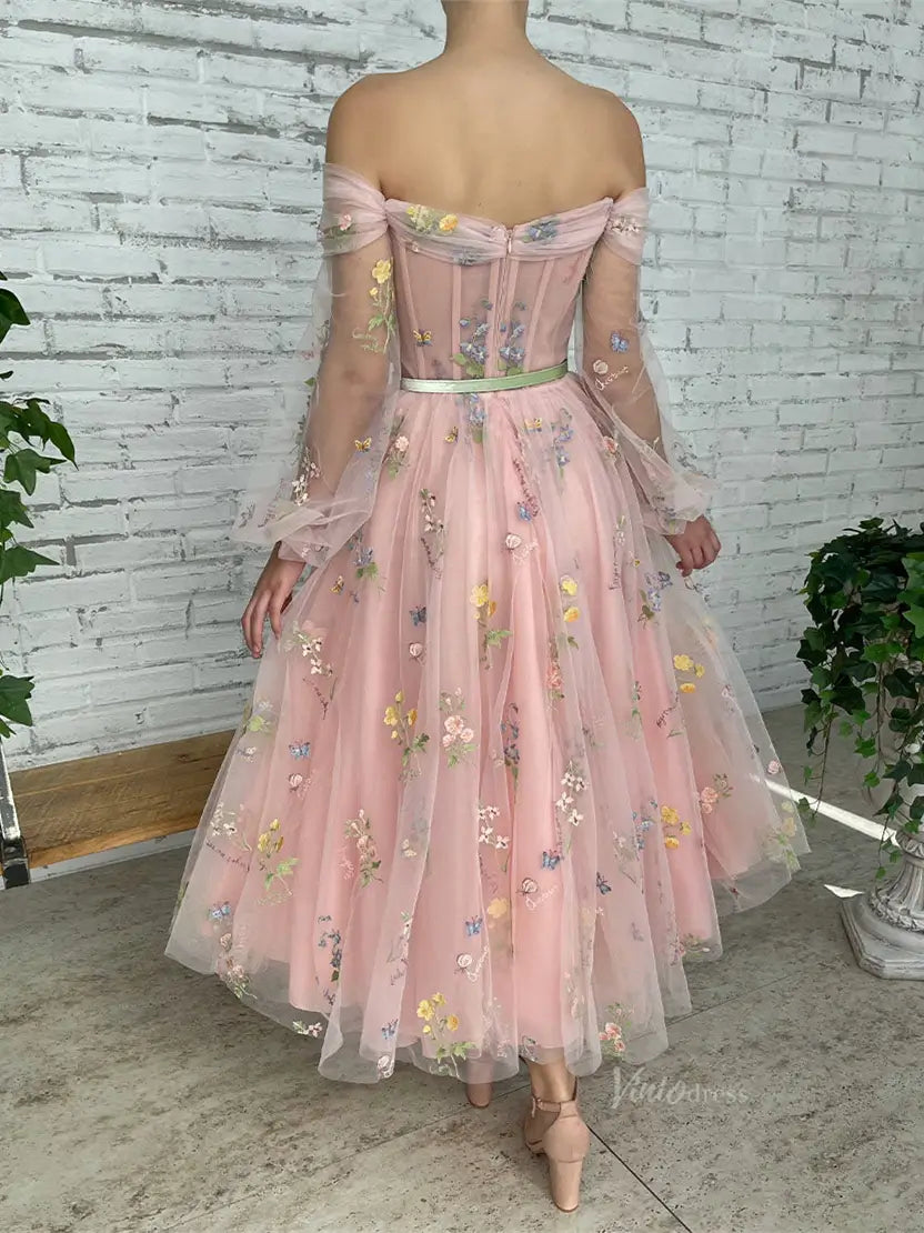 prom dresses 2025 Pink Floral Lace Prom Dresses 2025 Off the Shoulder Long Sleeve Maxi Dresses with Pockets - TO0002-plus size wedding dresses Viniodress-Pink-Custom Size-