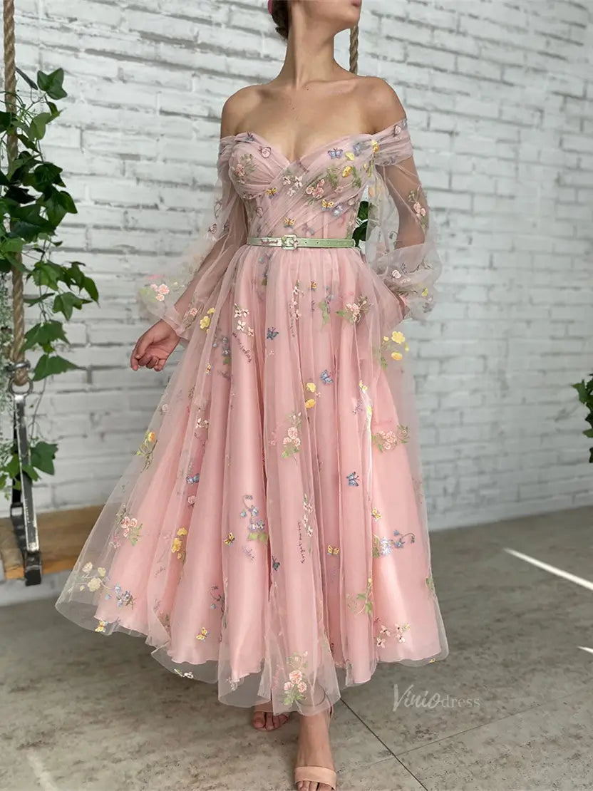 prom dresses 2025 Pink Floral Lace Prom Dresses 2025 Off the Shoulder Long Sleeve Maxi Dresses with Pockets - TO0002-plus size wedding dresses Viniodress-Pink-Custom Size-