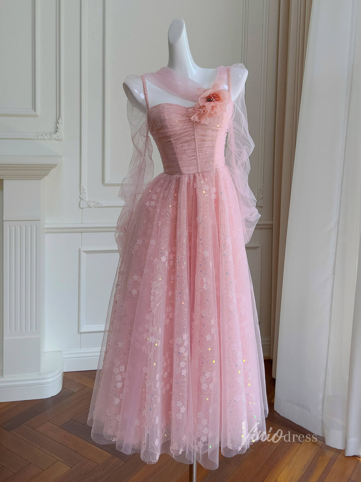 Pink Floral Lace Prom Dresses Pleated Bodice Long Sleeve Maxi Dress FD4020-prom dresses-Viniodress-Pink-Custom Size-Viniodress