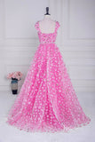 Pink Floral Lace Prom Dresses with Slit Cap Sleeve Square Neck FD4012-prom dresses-Viniodress-Viniodress