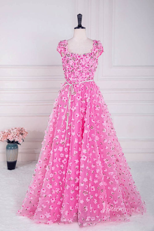 Pink Floral Lace Prom Dresses with Slit Cap Sleeve Square Neck FD4012 - Viniodressprom dressesPinkCustom Size - Formal Dresses - Ball Gowns