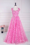 Pink Floral Lace Prom Dresses with Slit Cap Sleeve Square Neck FD4012